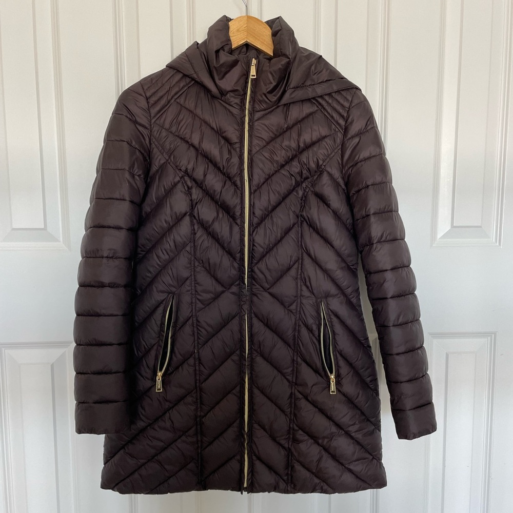 {Nautica} Women's Chestnut Brown Stretch Puffer Jacket With Hood